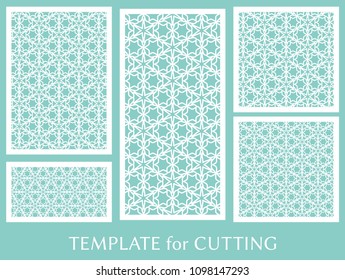 Decorative panels set for laser cutting. Geometric ornament for wedding invitation, envelope, greeting or business cards, Template for paper cut, printing, engraving wood, metal. Stencil manufacturing