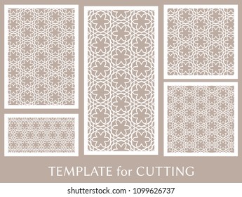 Decorative panels set for laser cutting. Geometric ornament for wedding invitation, envelope, greeting or business cards, Template for paper cut, printing, engraving wood, metal. Stencil manufacturing