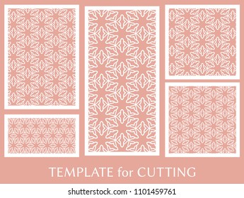 Decorative panels set for laser cutting. Geometric ornament for wedding invitation, envelope, greeting or business cards, Template for paper cut, printing, engraving wood, metal. Stencil manufacturing