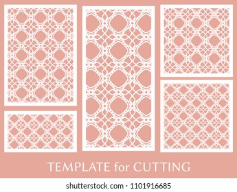 Decorative panels set for laser cutting. Geometric ornament for wedding invitation, envelope, greeting or business cards, Template for paper cut, printing, engraving wood, metal. Stencil manufacturing