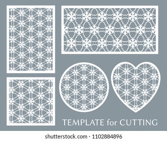 Decorative panels set for laser cutting. Geometric round ornament and heart element for wedding invitation, envelope, greeting card. Template for paper cut, printing. Stencil manufacturing