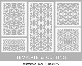Decorative panels set for laser cutting. Geometric ornament for wedding invitation, envelope, greeting or business cards, Template for paper cut, printing, engraving wood, metal. Stencil manufacturing