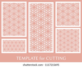 Decorative panels set for laser cutting. Geometric ornament for wedding invitation, envelope, greeting or business cards, Template for paper cut, printing, engraving wood, metal. Stencil manufacturing