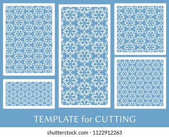 Decorative panels set for laser cutting. Geometric ornament for wedding invitation, envelope, greeting or business cards, Template for paper cut, printing, engraving wood, metal. Stencil manufacturing