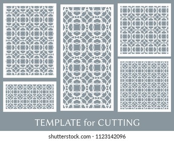 Decorative panels set for laser cutting. Geometric ornament for wedding invitation, envelope, greeting or business cards, Template for paper cut, printing, engraving wood, metal. Stencil manufacturing