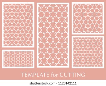 Decorative panels set for laser cutting. Geometric ornament for wedding invitation, envelope, greeting or business cards, Template for paper cut, printing, engraving wood, metal. Stencil manufacturing