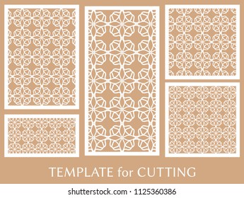 Decorative panels set for laser cutting. Geometric ornament for wedding invitation, envelope, greeting or business cards, Template for paper cut, printing, engraving wood, metal. Stencil manufacturing