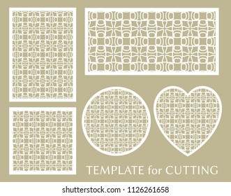 Decorative panels set for laser cutting. Geometric round ornament and heart element for wedding invitation, envelope, greeting card. Template for paper cut, printing. Stencil manufacturing