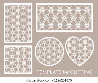 Decorative panels set for laser cutting. Geometric round ornament and heart element for wedding invitation, envelope, greeting card. Template for paper cut, printing. Stencil manufacturing