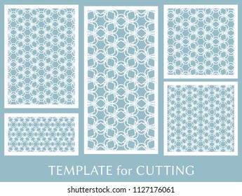 Decorative panels set for laser cutting. Geometric ornament for wedding invitation, envelope, greeting or business cards, Template for paper cut, printing, engraving wood, metal. Stencil manufacturing
