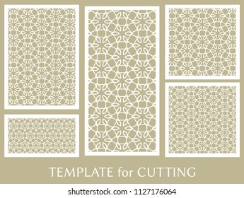 Decorative panels set for laser cutting. Geometric ornament for wedding invitation, envelope, greeting or business cards, Template for paper cut, printing, engraving wood, metal. Stencil manufacturing