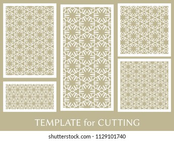 Decorative panels set for laser cutting. Geometric ornament for wedding invitation, envelope, greeting or business cards, Template for paper cut, printing, engraving wood, metal. Stencil manufacturing