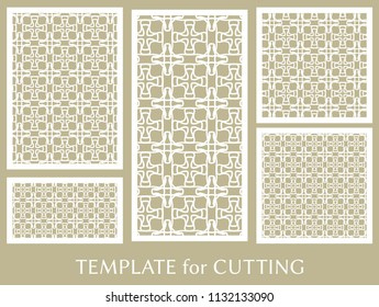 Decorative panels set for laser cutting. Geometric ornament for wedding invitation, envelope, greeting or business cards, Template for paper cut, printing, engraving wood, metal. Stencil manufacturing