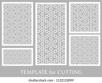 Decorative panels set for laser cutting. Geometric ornament for wedding invitation, envelope, greeting or business cards, Template for paper cut, printing, engraving wood, metal. Stencil manufacturing