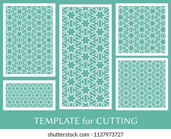 Decorative panels set for laser cutting. Geometric ornament for wedding invitation, envelope, greeting or business cards, Template for paper cut, printing, engraving wood, metal. Stencil manufacturing