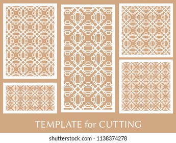 Decorative panels set for laser cutting. Geometric ornament for wedding invitation, envelope, greeting or business cards, Template for paper cut, printing, engraving wood, metal. Stencil manufacturing