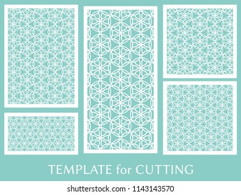 Decorative panels set for laser cutting. Geometric ornament for wedding invitation, envelope, greeting or business cards, Template for paper cut, printing, engraving wood, metal. Stencil manufacturing