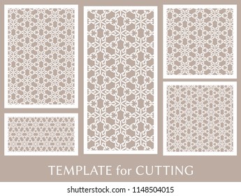 Decorative panels set for laser cutting. Geometric ornament for wedding invitation, envelope, greeting or business cards, Template for paper cut, printing, engraving wood, metal. Stencil manufacturing