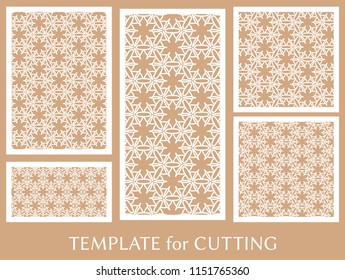 Decorative panels set for laser cutting. Geometric ornament for wedding invitation, envelope, greeting or business cards, Template for paper cut, printing, engraving wood, metal. Stencil manufacturing