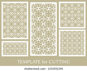 Decorative panels set for laser cutting. Geometric ornament for wedding invitation, envelope, greeting or business cards, Template for paper cut, printing, engraving wood, metal. Stencil manufacturing