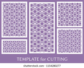 Decorative panels set for laser cutting. Geometric ornament for wedding invitation, envelope, greeting or business cards, Template for paper cut, printing, engraving wood, metal. Stencil manufacturing