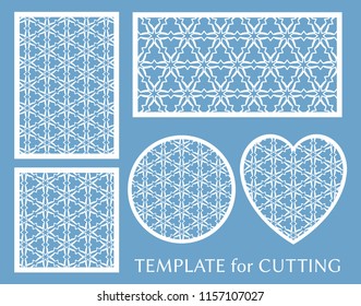 Decorative panels set for laser cutting. Geometric round ornament and heart element for wedding invitation, envelope, greeting card. Template for paper cut, printing. Stencil manufacturing
