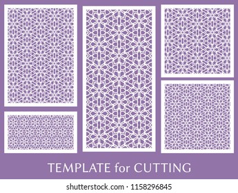 Decorative panels set for laser cutting. Geometric ornament for wedding invitation, envelope, greeting or business cards, Template for paper cut, printing, engraving wood, metal. Stencil manufacturing