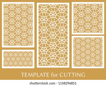 Decorative panels set for laser cutting. Geometric ornament for wedding invitation, envelope, greeting or business cards, Template for paper cut, printing, engraving wood, metal. Stencil manufacturing