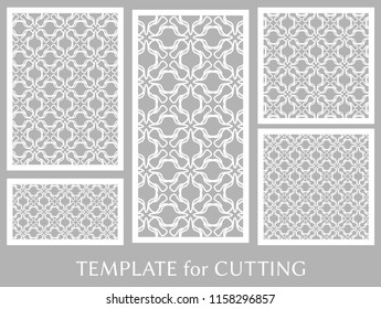 Decorative panels set for laser cutting. Geometric ornament for wedding invitation, envelope, greeting or business cards, Template for paper cut, printing, engraving wood, metal. Stencil manufacturing