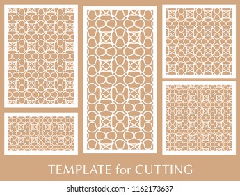 Decorative panels set for laser cutting. Geometric ornament for wedding invitation, envelope, greeting or business cards, Template for paper cut, printing, engraving wood, metal. Stencil manufacturing