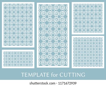 Decorative panels set for laser cutting. Geometric ornament for wedding invitation, envelope, greeting or business cards, Template for paper cut, printing, engraving wood, metal. Stencil manufacturing
