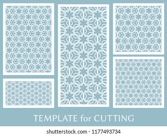 Decorative panels set for laser cutting. Geometric ornament for wedding invitation, envelope, greeting or business cards, Template for paper cut, printing, engraving wood, metal. Stencil manufacturing