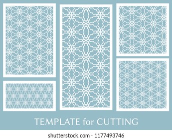 Decorative panels set for laser cutting. Geometric ornament for wedding invitation, envelope, greeting or business cards, Template for paper cut, printing, engraving wood, metal. Stencil manufacturing