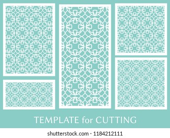 Decorative panels set for laser cutting. Geometric ornament for wedding invitation, envelope, greeting or business cards, Template for paper cut, printing, engraving wood, metal. Stencil manufacturing