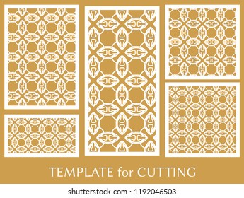 Decorative panels set for laser cutting. Geometric ornament for wedding invitation, envelope, greeting or business cards, Template for paper cut, printing, engraving wood, metal. Stencil manufacturing