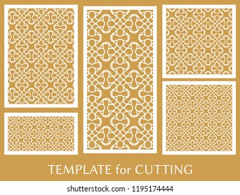 Decorative panels set for laser cutting. Geometric ornament for wedding invitation, envelope, greeting or business cards, Template for paper cut, printing, engraving wood, metal. Stencil manufacturing