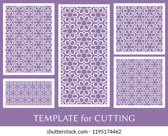 Decorative panels set for laser cutting. Geometric ornament for wedding invitation, envelope, greeting or business cards, Template for paper cut, printing, engraving wood, metal. Stencil manufacturing