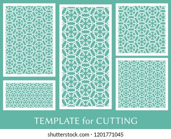 Decorative panels set for laser cutting. Geometric ornament for wedding invitation, envelope, greeting or business cards, Template for paper cut, printing, engraving wood, metal. Stencil manufacturing