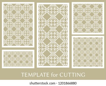 Decorative panels set for laser cutting. Geometric ornament for wedding invitation, envelope, greeting or business cards, Template for paper cut, printing, engraving wood, metal. Stencil manufacturing