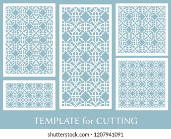 Decorative panels set for laser cutting. Geometric ornament for wedding invitation, envelope, greeting or business cards, Template for paper cut, printing, engraving wood, metal. Stencil manufacturing