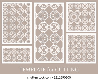 Decorative panels set for laser cutting. Geometric ornament for wedding invitation, envelope, greeting or business cards, Template for paper cut, printing, engraving wood, metal. Stencil manufacturing