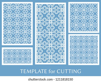 Decorative panels set for laser cutting. Geometric ornament for wedding invitation, envelope, greeting or business cards, Template for paper cut, printing, engraving wood, metal. Stencil manufacturing