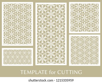 Decorative panels set for laser cutting. Geometric ornament for wedding invitation, envelope, greeting or business cards, Template for paper cut, printing, engraving wood, metal. Stencil manufacturing