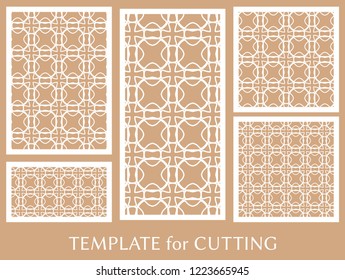 Decorative panels set for laser cutting. Geometric ornament for wedding invitation, envelope, greeting or business cards, Template for paper cut, printing, engraving wood, metal. Stencil manufacturing