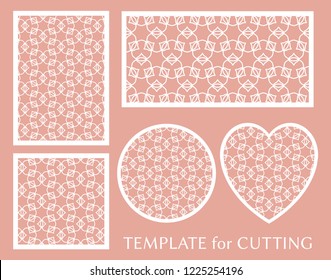 Decorative panels set for laser cutting. Geometric round ornament and heart element for wedding invitation, envelope, greeting card. Template for paper cut, printing. Stencil manufacturing