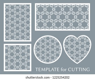 Decorative panels set for laser cutting. Geometric round ornament and heart element for wedding invitation, envelope, greeting card. Template for paper cut, printing. Stencil manufacturing
