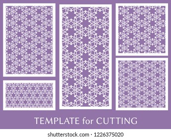 Decorative panels set for laser cutting. Geometric ornament for wedding invitation, envelope, greeting or business cards, Template for paper cut, printing, engraving wood, metal. Stencil manufacturing