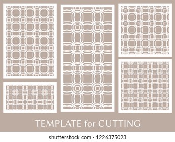 Decorative panels set for laser cutting. Geometric ornament for wedding invitation, envelope, greeting or business cards, Template for paper cut, printing, engraving wood, metal. Stencil manufacturing