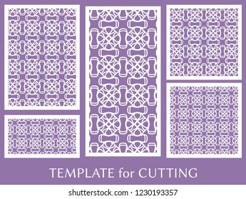 Decorative panels set for laser cutting. Geometric ornament for wedding invitation, envelope, greeting or business cards, Template for paper cut, printing, engraving wood, metal. Stencil manufacturing
