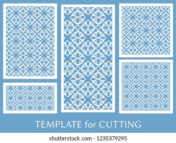 Decorative panels set for laser cutting. Geometric ornament for wedding invitation, envelope, greeting or business cards, Template for paper cut, printing, engraving wood, metal. Stencil manufacturing